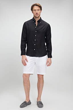 %100 Keten Düğmeli Yaka Slim Fit Gömlek - Siyah (görsel 2)