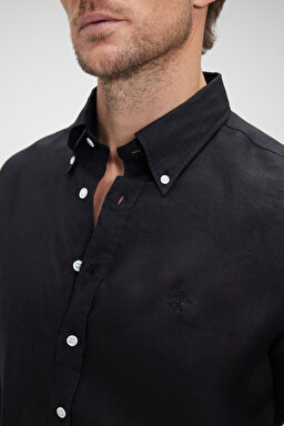 %100 Keten Düğmeli Yaka Slim Fit Gömlek - Siyah (görsel 4)