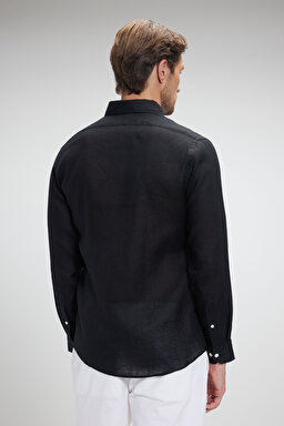 %100 Keten Düğmeli Yaka Slim Fit Gömlek - Siyah (görsel 5)