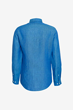 %100 Keten Düğmeli Yaka Slim Fit Gömlek - Mavi (görsel 2)