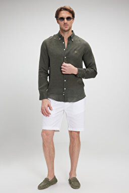 %100 Keten Düğmeli Yaka Slim Fit Gömlek - Haki (görsel 2)