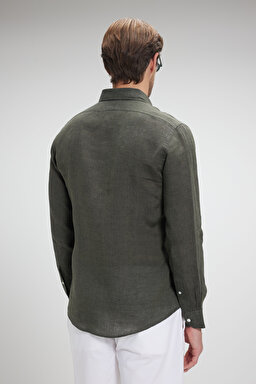 %100 Keten Düğmeli Yaka Slim Fit Gömlek - Haki (görsel 5)