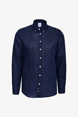 %100 Keten Düğmeli Yaka Slim Fit Gömlek - Lacivert