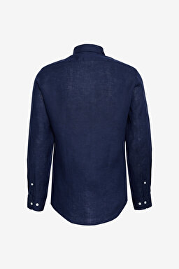 %100 Keten Düğmeli Yaka Slim Fit Gömlek - Lacivert (görsel 2)