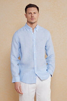%100 Keten Düğmeli Yaka Slim Fit Çizgili Gömlek - Mavi Çizgili