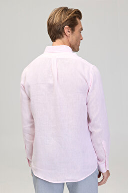 Düğmeli Yaka Regular Fit %100 Keten Cepsiz Erkek Gömlek - Pembe (görsel 3)
