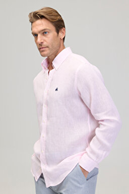 Düğmeli Yaka Regular Fit %100 Keten Cepsiz Erkek Gömlek - Pembe (görsel 4)