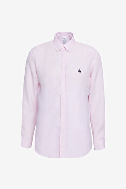 Düğmeli Yaka Regular Fit %100 Keten Cepsiz Erkek Gömlek - Pembe (görsel 6)
