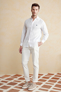 %100 Keten Düğmeli Yaka Slim Fit Gömlek - Beyaz (görsel 3)