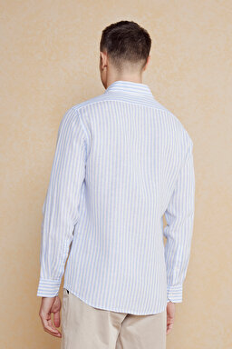 %100 Keten İtalyan Yak Slim Fit Çizgili Gömlek - Mavi-Beyaz Çizgili (görsel 5)