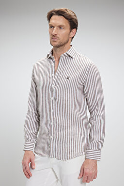 %100 Keten İtalyan Yak Slim Fit Çizgili Gömlek - Kahverengi-Beyaz Çizgili