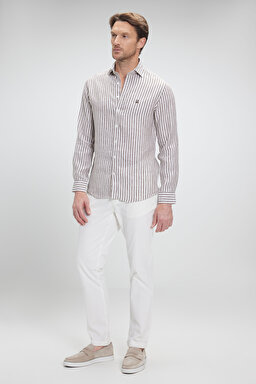 %100 Keten İtalyan Yak Slim Fit Çizgili Gömlek - Kahverengi-Beyaz Çizgili (görsel 3)