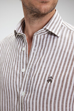 %100 Keten İtalyan Yak Slim Fit Çizgili Gömlek - Kahverengi-Beyaz Çizgili (görsel 4)