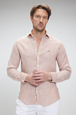 %100 Keten İtalyan Yak Slim Fit Çizgili Gömlek - Turuncu-Beyaz Çizgili