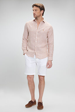%100 Keten İtalyan Yak Slim Fit Çizgili Gömlek - Turuncu-Beyaz Çizgili (görsel 3)