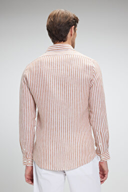 %100 Keten İtalyan Yak Slim Fit Çizgili Gömlek - Turuncu-Beyaz Çizgili (görsel 6)