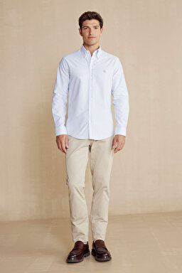 %100 Keten Düğmeli Yaka Slim Fit Çizgili Gömlek - Mavi-Beyaz Çizgili (görsel 3)