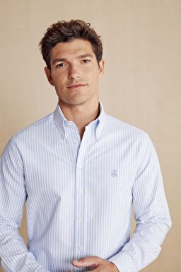 %100 Keten Düğmeli Yaka Slim Fit Çizgili Gömlek - Mavi-Beyaz Çizgili (görsel 4)