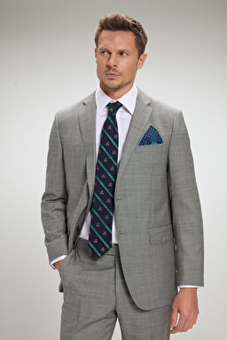 %100 Yün Mono Yaka Slim Fit Takım Elbise - Gri