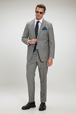 %100 Yün Mono Yaka Slim Fit Takım Elbise - Gri (görsel 3)