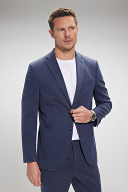 Tencel Pamuk Karışımlı Mono Yaka Slim Fit Takım Elbise - Lacivert