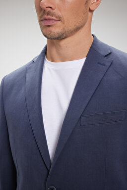 Tencel Pamuk Karışımlı Mono Yaka Slim Fit Takım Elbise - Lacivert (görsel 5)