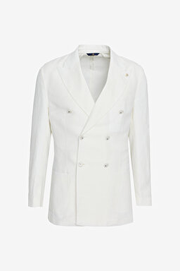 %100 Keten Sivri Yaka Slim Fit Kruvaze Takım Elbise - Kırık Beyaz