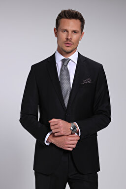 Yün Karışımlı Mono Yaka Slim Fit Takım Elbise - Siyah