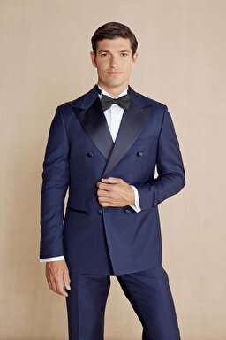 %100 Yün Sivri Yaka Slim Fit Kruvaze Limited Edition Smokin - Lacivert (görsel 2)