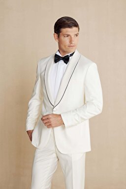 %100 Yün Şal Yaka Slim Fit Limited Edition Smokin - Kırık Beyaz (görsel 2)