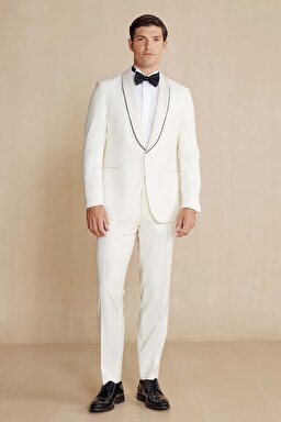 %100 Yün Şal Yaka Slim Fit Limited Edition Smokin - Kırık Beyaz (görsel 3)