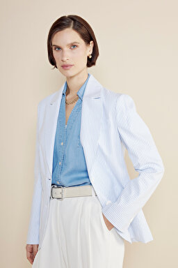 %100 Pamuk Mono Kapama Çizgili Gofre Slim Fit Blazer Ceket - Mavi Çizgili