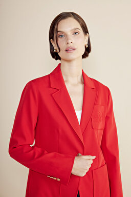 Nakış Detaylı Yarım Astar Mono Kapama Slim Fit Blazer Ceket - Kırmızı (görsel 4)