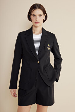 Çapa Aplikeli Yarım Astar Mono Kapama Slim Fit Blazer Ceket - Siyah