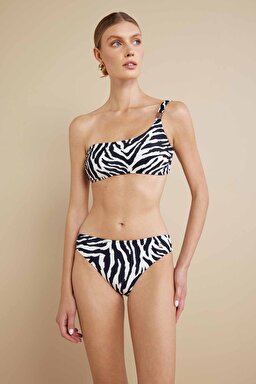 Tek Omuz Zebra Desenli Metal Logolu Bikini Takımı - Siyah-Beyaz (görsel 3)