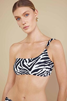 Tek Omuz Zebra Desenli Metal Logolu Bikini Takımı - Siyah-Beyaz (görsel 4)