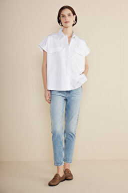 %100 Pamuk Yüksek Bel Slim Mom Fit Denim Pantolon - Mavi