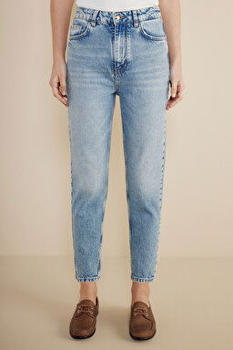 %100 Pamuk Yüksek Bel Slim Mom Fit Denim Pantolon - Mavi (görsel 3)