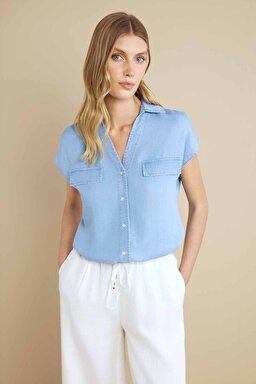 %100 Lyocell Kaçık Yaka Kısa Kol Denim Gömlek - Açık Mavi (görsel 3)