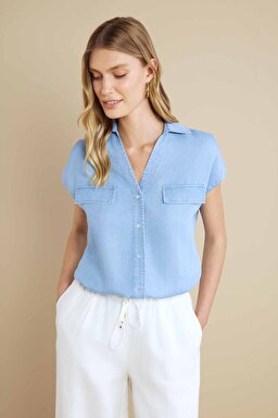 %100 Lyocell Kaçık Yaka Kısa Kol Denim Gömlek - Açık Mavi (görsel 4)