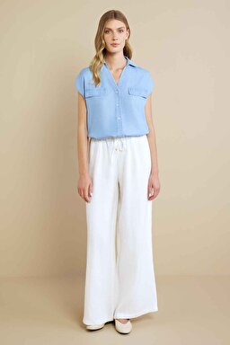 %100 Lyocell Kaçık Yaka Kısa Kol Denim Gömlek - Açık Mavi (görsel 5)