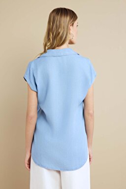 %100 Lyocell Kaçık Yaka Kısa Kol Denim Gömlek - Açık Mavi (görsel 6)