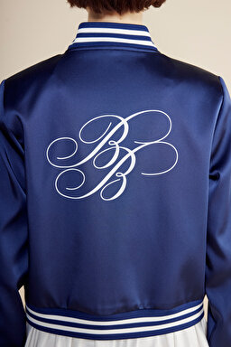 Arkası Baskı Logo Detaylı Saten Bomber Ceket - Lacivert (görsel 5)