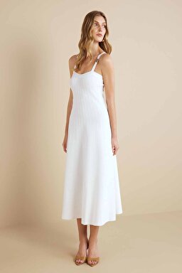 Askılı Maxi Boy Rayon Triko Elbise - Kırık Beyaz (görsel 3)