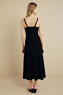 Askılı Maxi Boy Rayon Triko Elbise - Siyah (görsel 6)