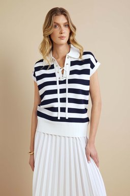 Polo Yaka Yakası İpli Çizgili Rayon Kazak - Kırık Beyaz-Lacivert (görsel 2)