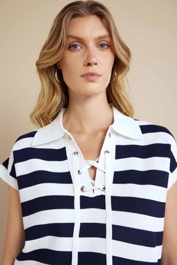 Polo Yaka Yakası İpli Çizgili Rayon Kazak - Kırık Beyaz-Lacivert (görsel 4)