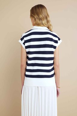 Polo Yaka Yakası İpli Çizgili Rayon Kazak - Kırık Beyaz-Lacivert (görsel 5)