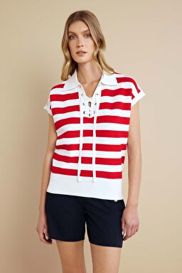 Polo Yaka Yakası İpli Çizgili Rayon Kazak - Kırık Beyaz-Kırmızı (görsel 2)