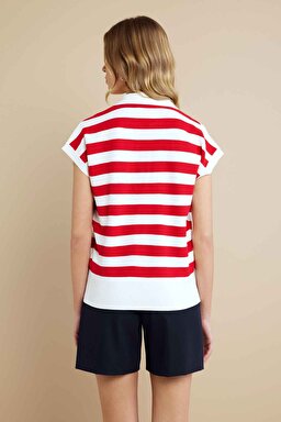Polo Yaka Yakası İpli Çizgili Rayon Kazak - Kırık Beyaz-Kırmızı (görsel 5)